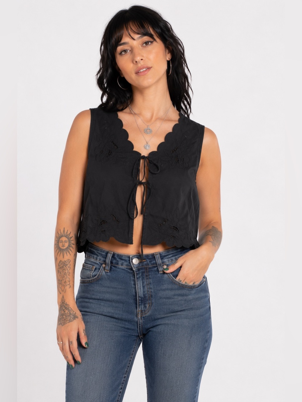 Embroidered Floral Eyelet Tie Front Crop Vest Tank (Black) Size Large